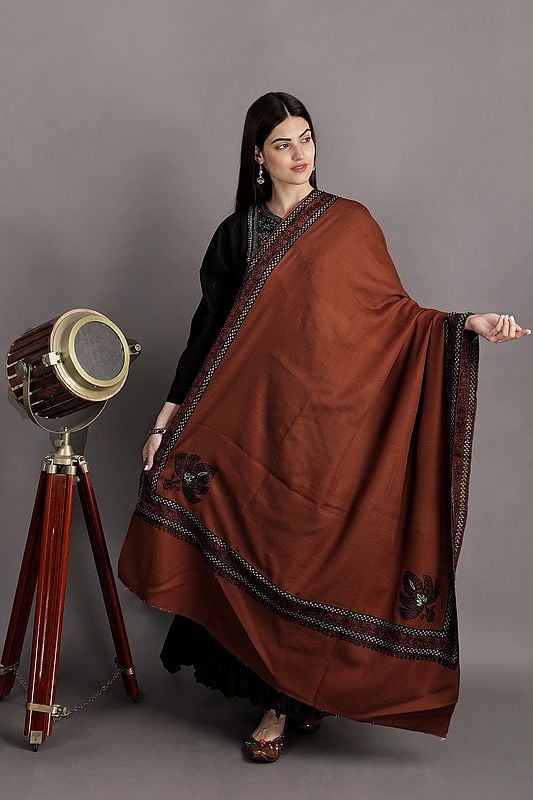 Wool Shawl From Kashmir With Sozni Hand-Embroidered Paisley Border And Corners