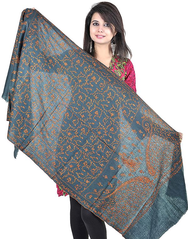 Sycamore-Green Kashmiri Tusha Stole with sozni Embroidery by Hand
