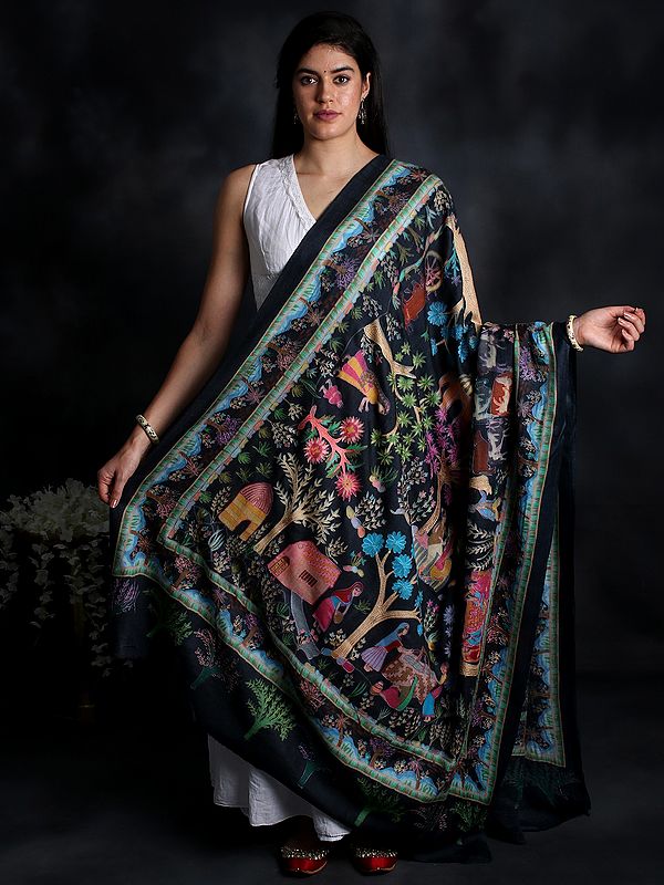 Pure Wool Shawl from Kashmir with Kalamkari Hand-Embroidered Depicting Village Life | Handwoven
