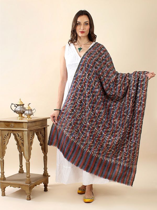 Multicolor Hand-Embroidered Sozni Pure Pashmina Diamond Weave Shawl with Multicolor Stripe and Jaldaar Phool Bail