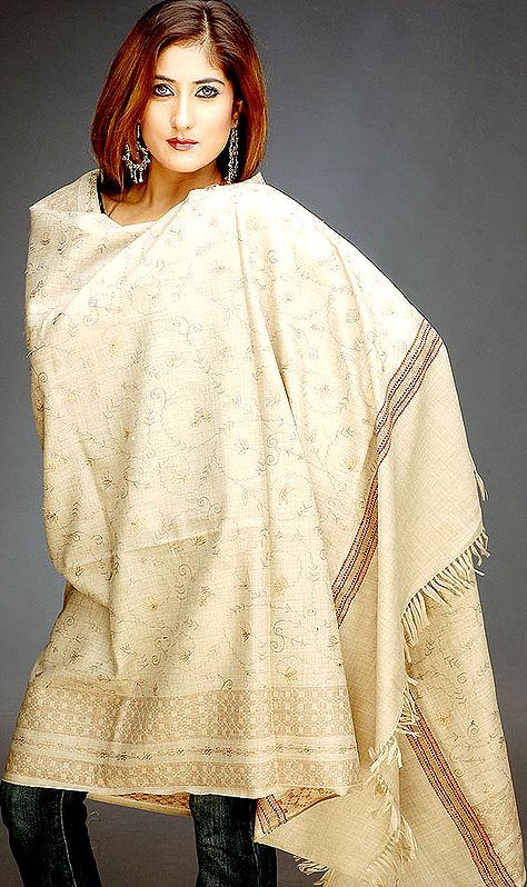 Tan Kullu Shawl with Thread Weave and Sequins