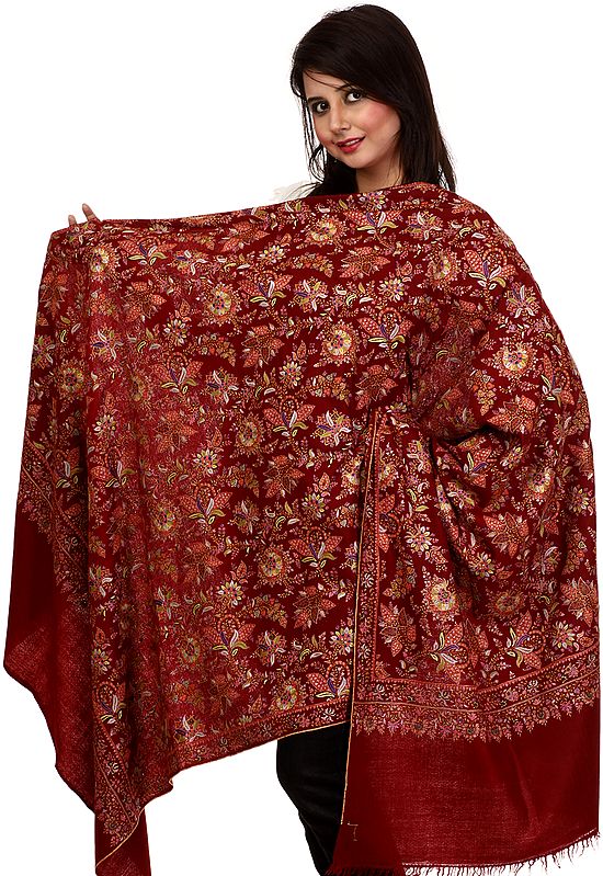 Tango-Red  Pure Pashmina Shawl from Kashmir with Jafreen Hand-Embroidery All-Over