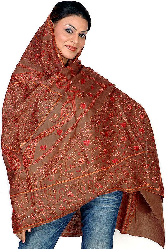 Taupe Tusha Shawl with Sozni Embroidery All-Over