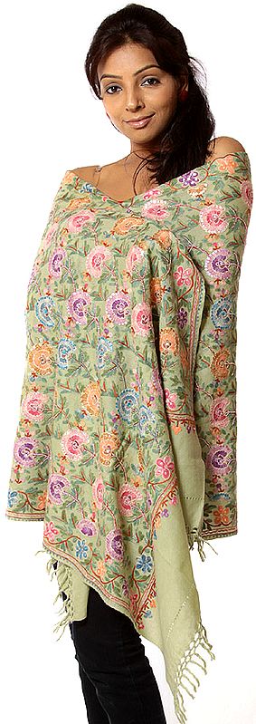 Tea-Green Aari Stole with Floral Embroidery and Sequins
