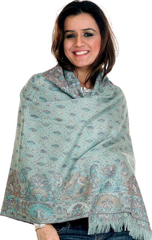 Tea-Green Kani Stole with All-Over Weave