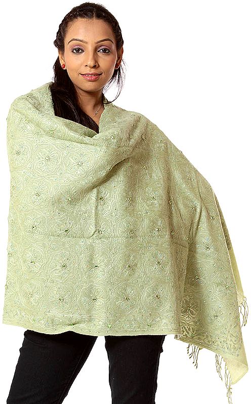Tea-Green Stole with Aari Embroidery and Sequins All-Over