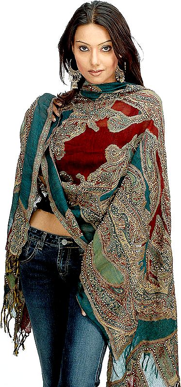 Teal and Maroon Jamawar Stole with Wooden Beads