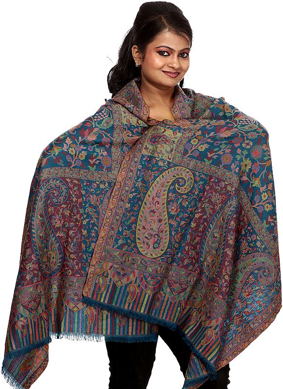 Teal-Blue Kani Stole with All-Over Woven Paisleys and Flowers in Multi-Color Thread