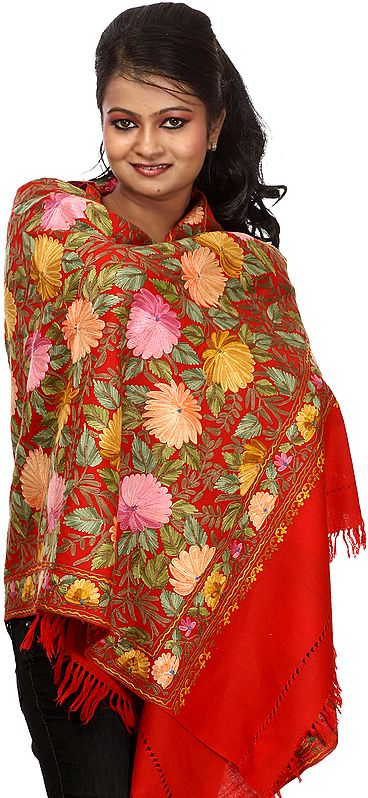 Tomato Red Stole from Kashmir with Densely Hand Embroidered Flowers