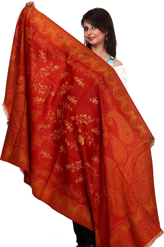 Tomato-Red Jamawar Shawl with Needle Stitched Embroidery by Hand