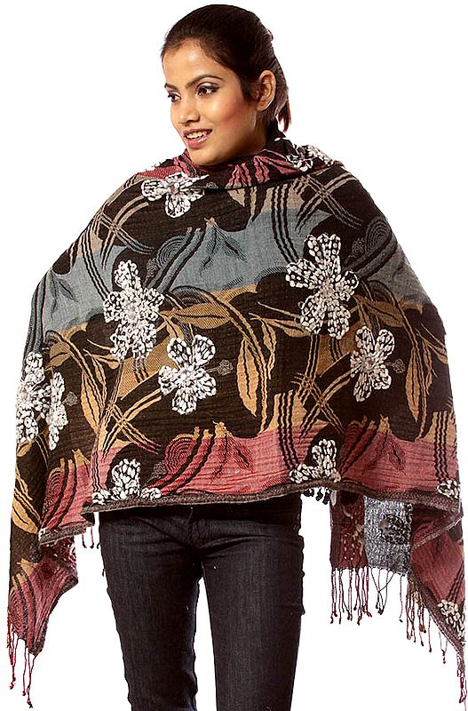 Tri-Color Boiled-Wool Stole with Embroidered Flowers and Sequins