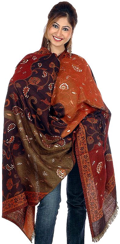 Tri-Color Jamawar Shawl with Sequins and Floral Aari-Embroidery