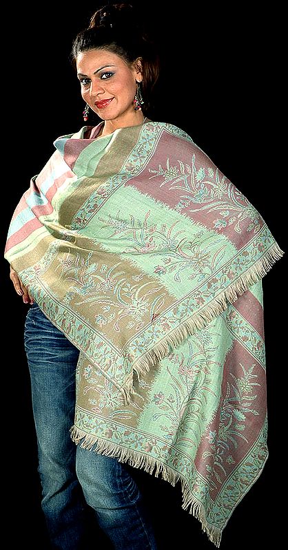 Tri-Color Jamawar Stole with Floral Weave on Border