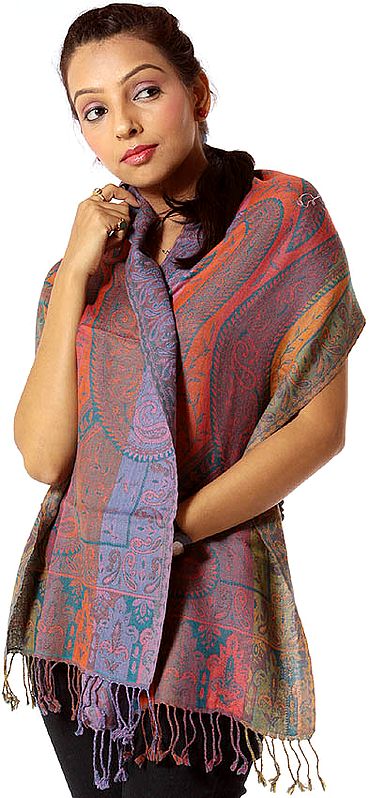 Tri-Color Reversible Jamawar Scarf with All-Over Weave