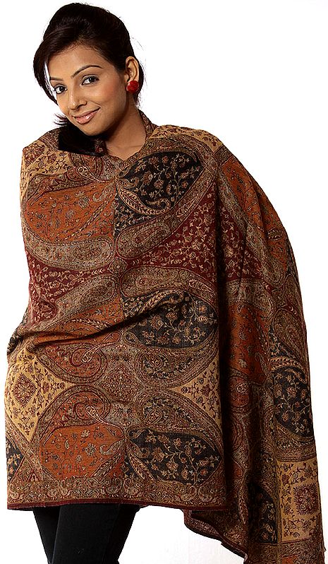 Tri-Color Reversible Jamawar Shawl with Stylized Paisleys