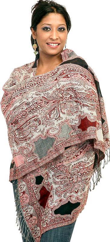 Tri-Color Reversible Jamawar Stole with All-Over Weave