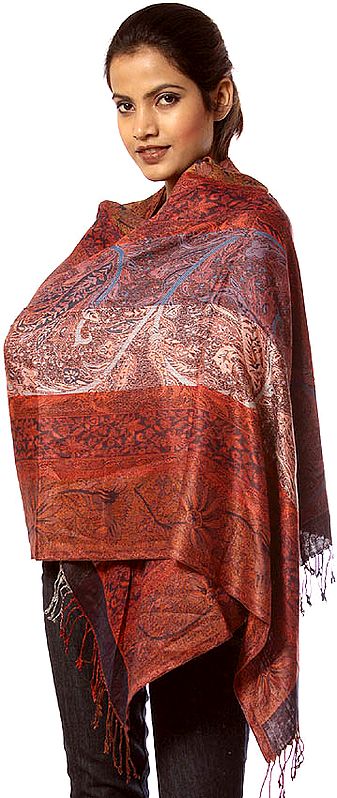 Tri-Color Reversible Jamawar Stole with Woven Paisleys