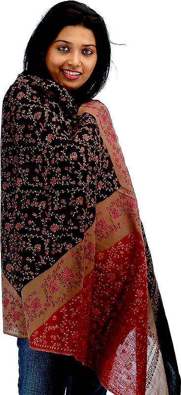 Tri-Color Tusha Shawl from Kashmir with Embroidered Chinar Leaves