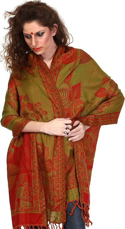 True-Red and Green Reversible Jamawar Stole with Woven Flowers