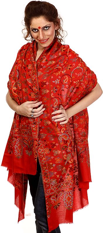 True-Red Kani Jamawar Shawl with Woven Paisleys in Multi-Colored Thread