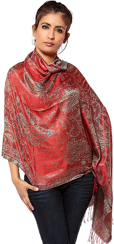 True-Red Reversible Jamawar Scarf with All-Over Woven Paisleys