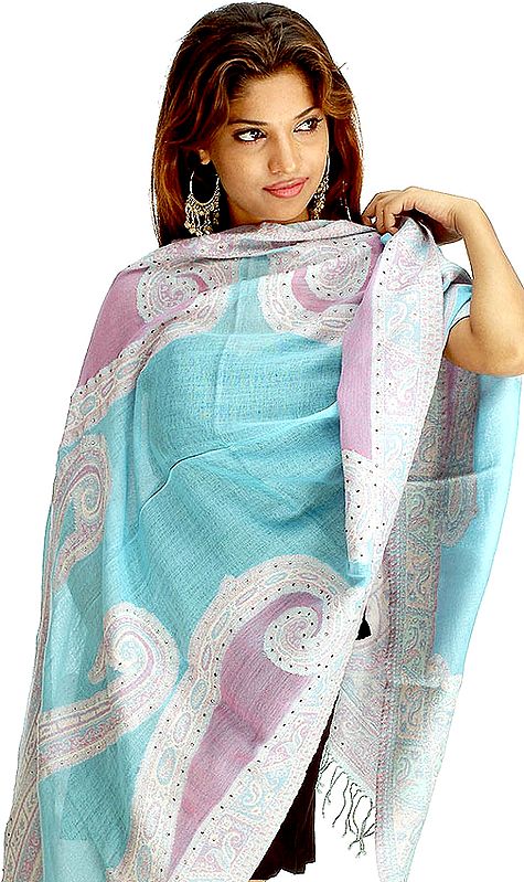 Turquoise and Lilac Jamawar Stole with Crystals