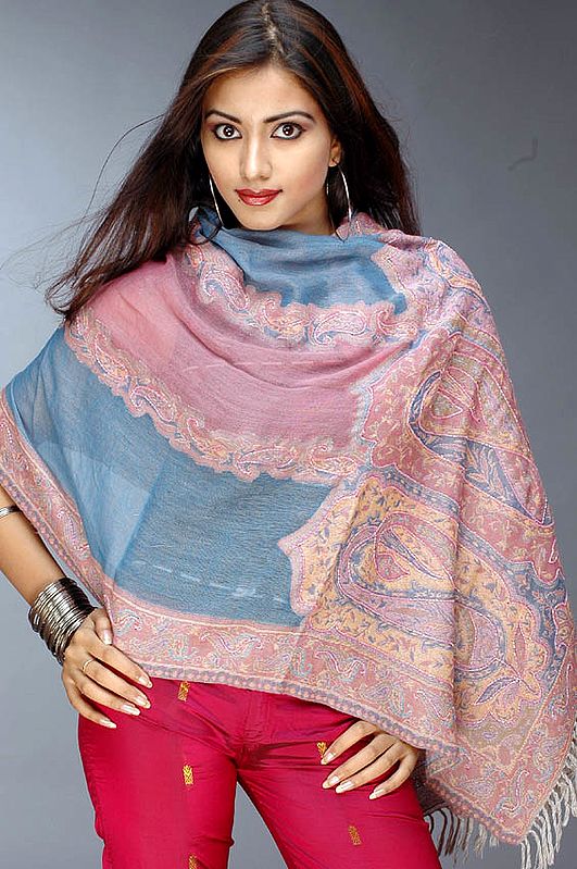 Turquoise and Mauve Jamawar Stole with Beads