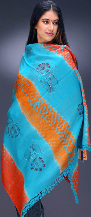 Turquoise and Tangerine Shaded Shawl with Floral Print