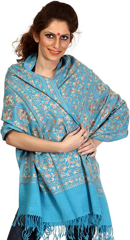 Turquoise Blue Stole from Kashmir with Aari Embroidered Flowers All-Over