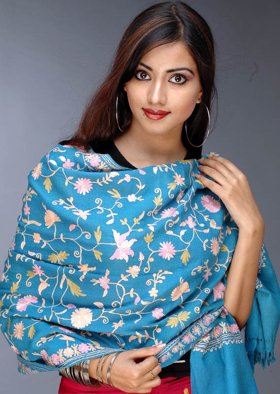 Turquoise Floral Stole with Aari-Embroidery