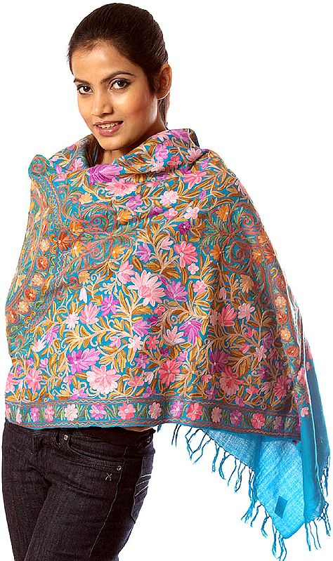 Turquoise Jamdani Stole from Kashmir with Floral Embroidery