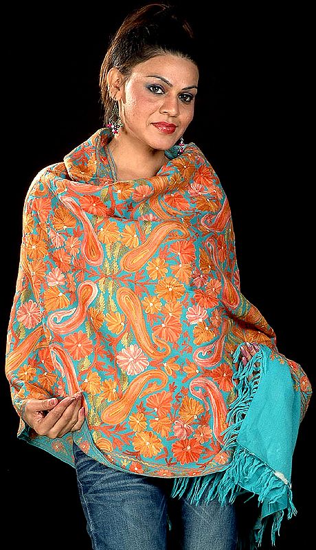 Turquoise Jamdani Stole from Kashmir with Large Embroidered Paisleys
