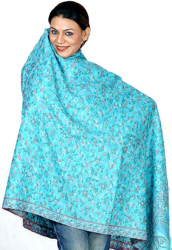 Turquoise Kani Shawl with Multi-Color Woven Flowers