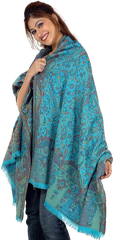 Turquoise Kani Shawl with Multi-Color Woven Paisleys