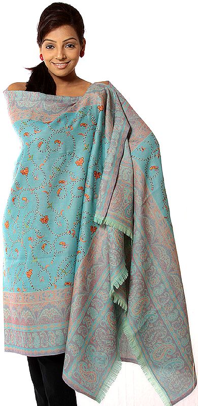 Turquoise Paisley Shawl with Needle Stitch Embroidery All-Over