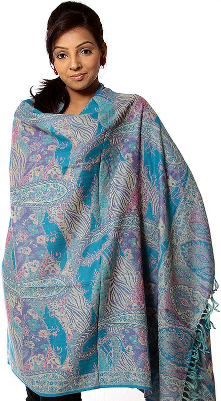 Turquoise Reversible Jamawar Shawl with All-Over Weave