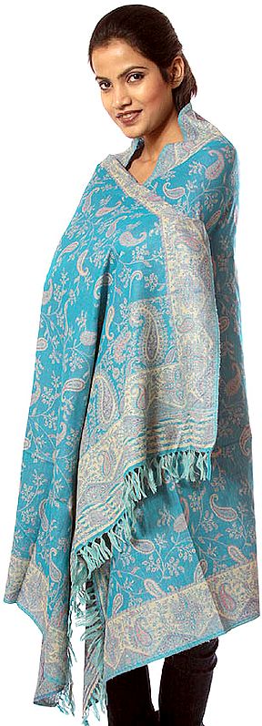 Turquoise Reversible Jamawar Shawl with All-Over Floating Paisleys