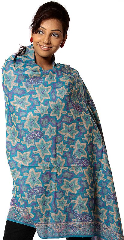 Turquoise Reversible Jamawar Shawl with Woven Maple Leaves