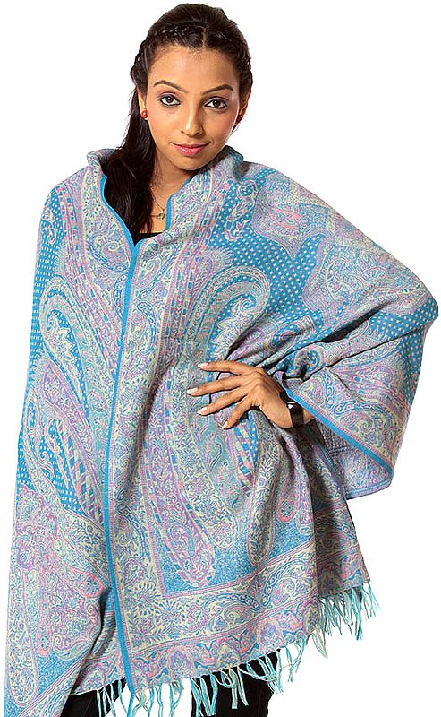 Turquoise Reversible Jamawar Stole with Woven Paisleys
