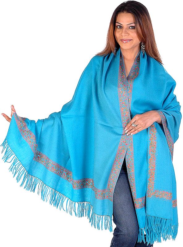 Turquoise Shawl from Kullu with Hand-Embroidery on Border