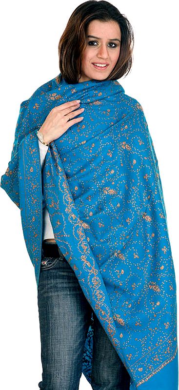 Turquoise Shawl with All-Over Needle Embroidery