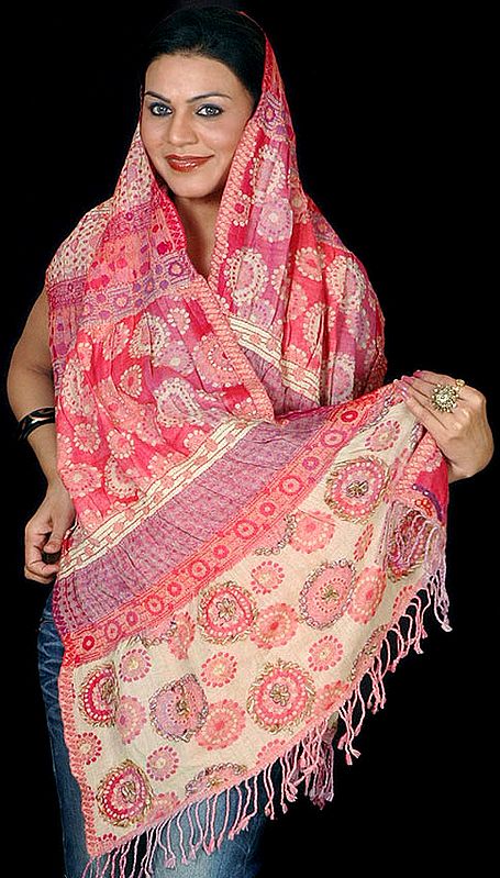 Vermilion Red Jamawar Scarf with Floral Weave and Threadwork