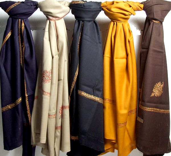 Lot of Five Plain Kingri Shawls with Embroidery on Edges