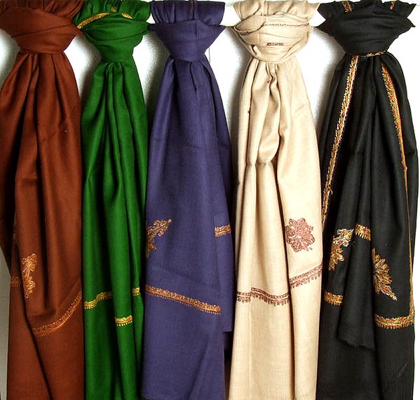 Lot of Five Plain Kingri Shawls with Embroidery on Edges