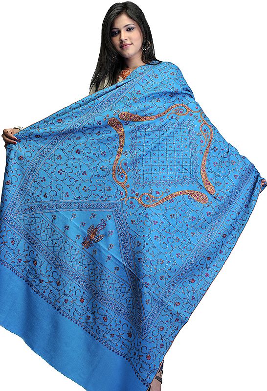 Vivid-Blue Kashmiri Tusha Shawl with All-Over Sozni Embroidery by Hand