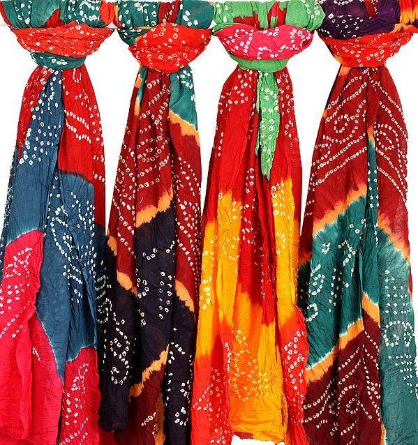 Lot of Four Bandhani Tie-Dye Dupattas from Jodhpur