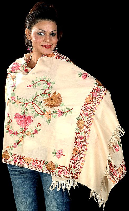 Wheat Aari Stole from Kashmir with Embroidered Flowers