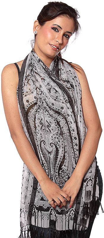White and Black Scarf with Printed Paisleys