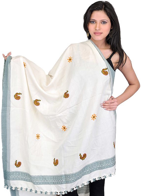 Whisper-White Shawl from Kutch with Embroidered Flowers, Peacock and Mirrors