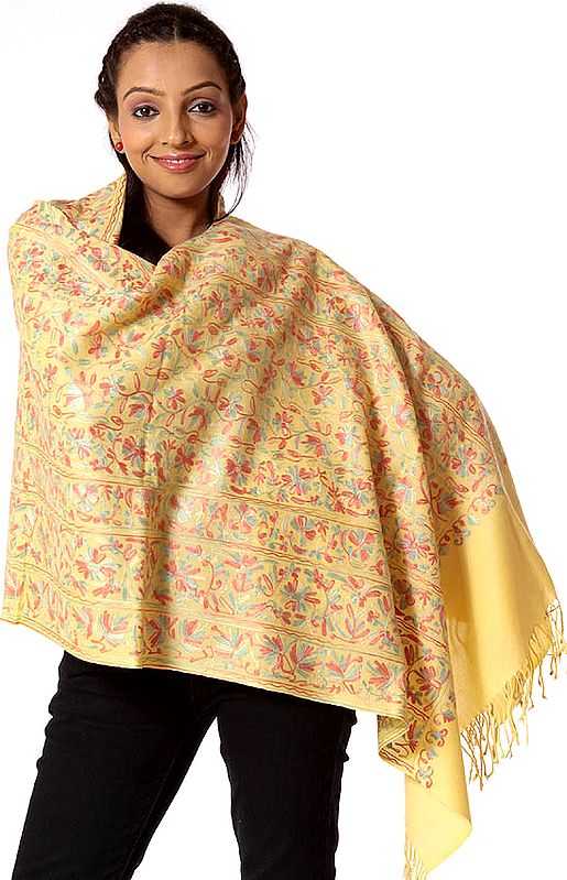 Yellow Stole with All-Over Crewel Embroidery